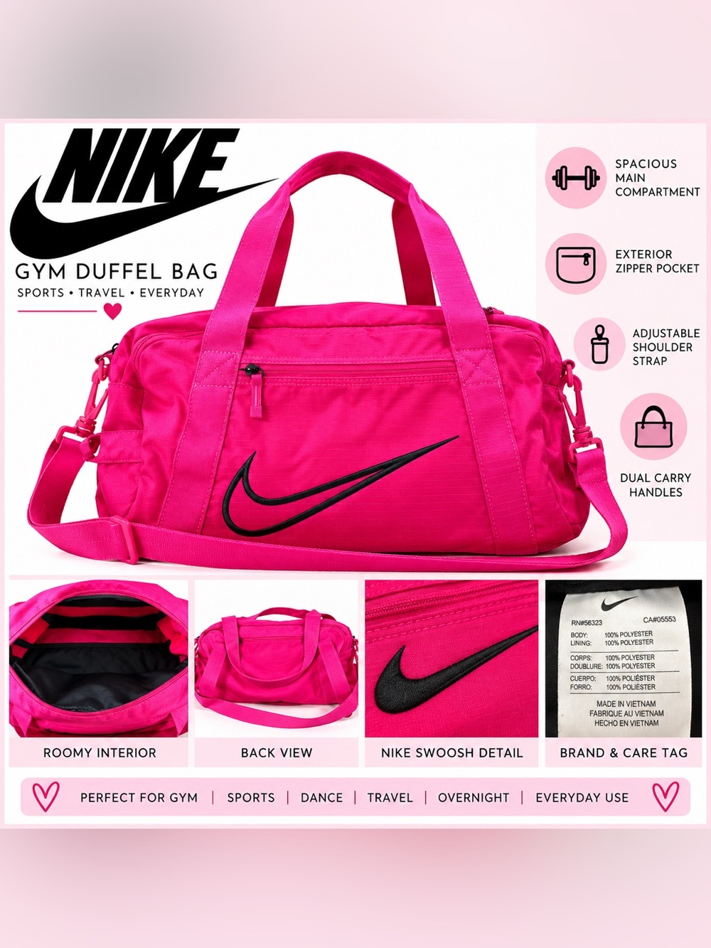 Nike Hot Pink Gym Duffel Bag Black Swoosh Shoulder Strap